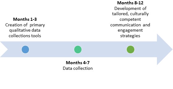 Arrow graphic: Months 1-3, Creation of primary qualitative data collections tools; Months 4-7, Data collection; Months 8-12, Development of tailored, culturally competent communication and engagement strategies